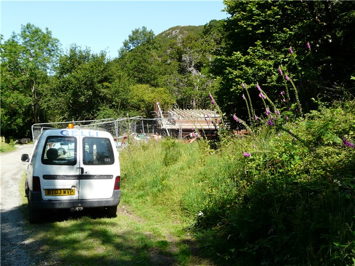 The first sight of the turbine house returning down the Aber Falls path  15 July 2015